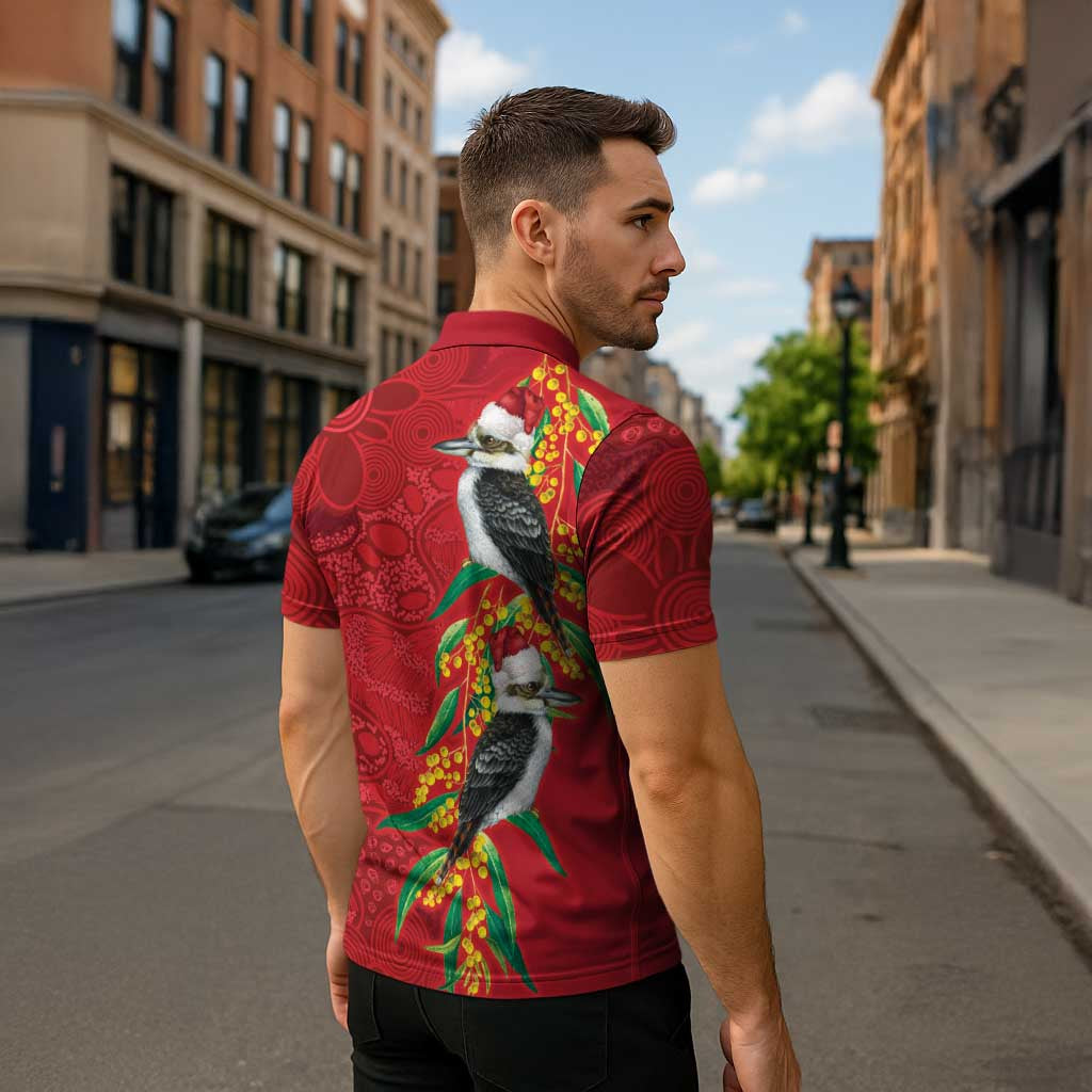 Aussie Kokaburra Golden Wattle Christmas Zipper Polo Shirt Aboriginal Dots Painting Red Motif - Aussie Hoodie