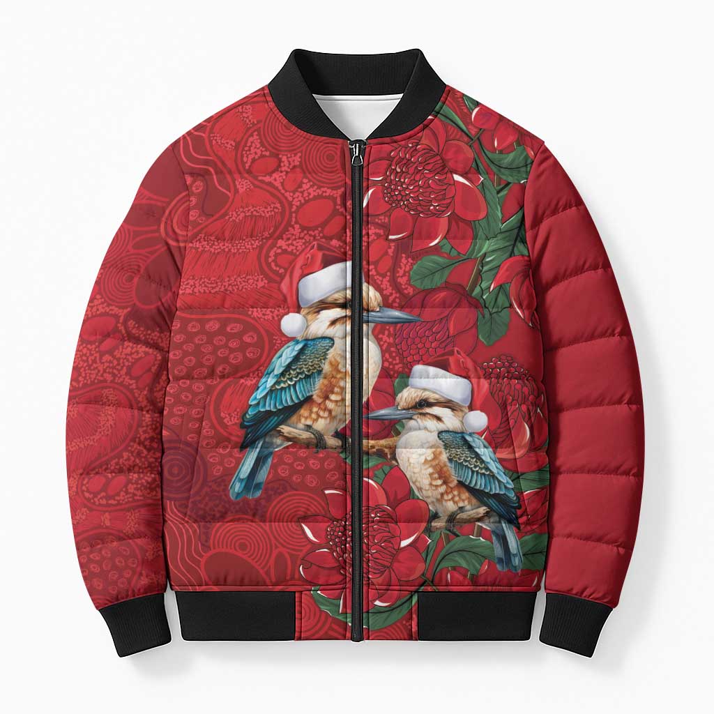Aussie Kokaburra Waratah Christmas Bomber Puffer Jacket Aboriginal Dots Painting - Aussie Hoodie