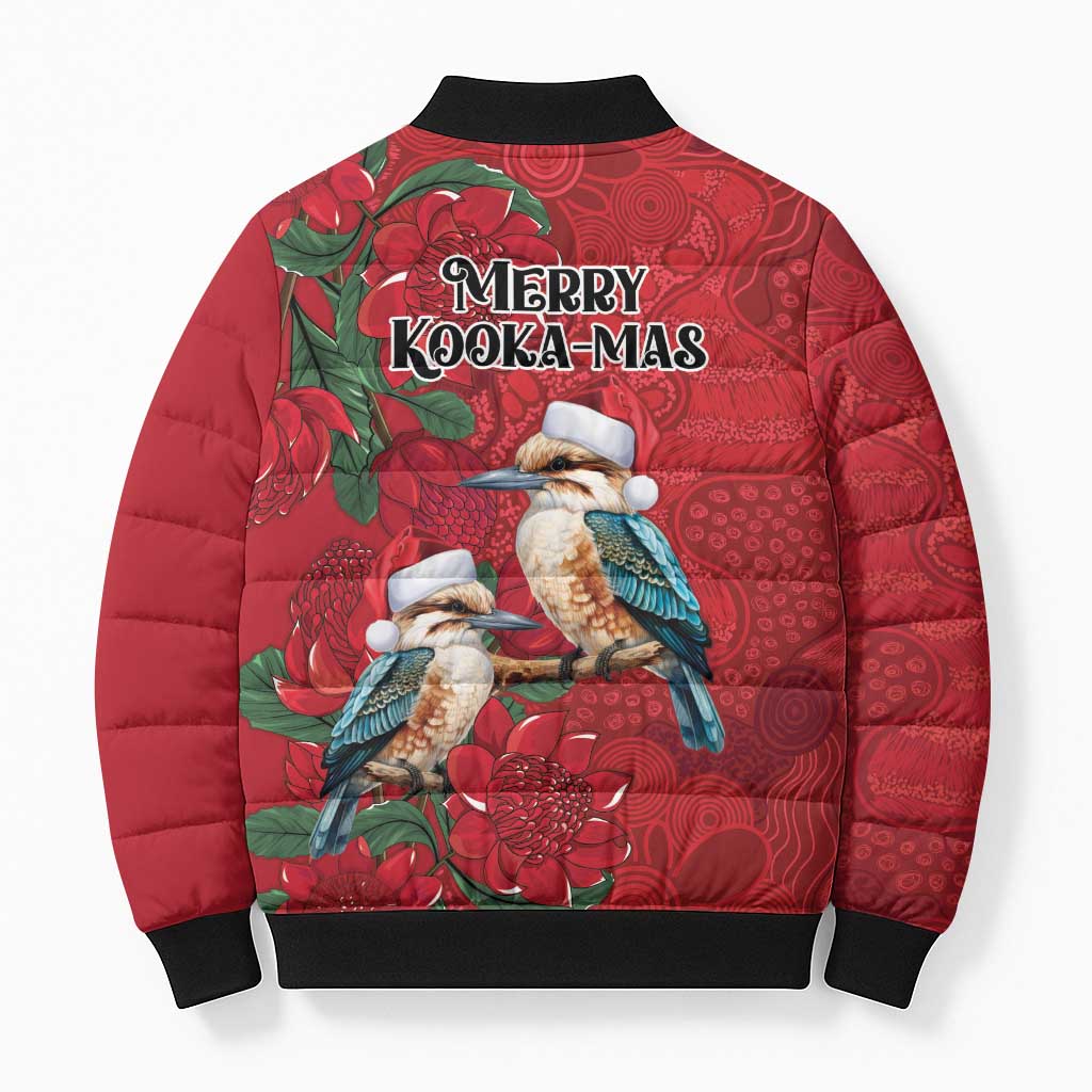 Aussie Kokaburra Waratah Christmas Bomber Puffer Jacket Aboriginal Dots Painting - Aussie Hoodie