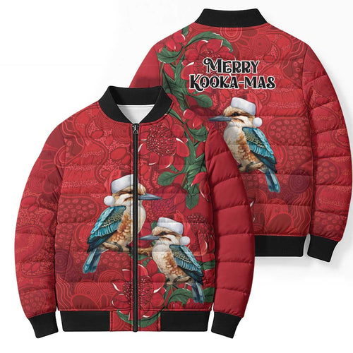 Aussie Kokaburra Waratah Christmas Bomber Puffer Jacket Aboriginal Dots Painting - Aussie Hoodie