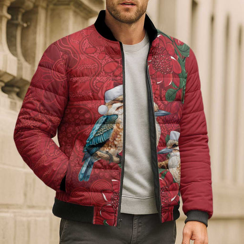 Aussie Kokaburra Waratah Christmas Bomber Puffer Jacket Aboriginal Dots Painting - Aussie Hoodie