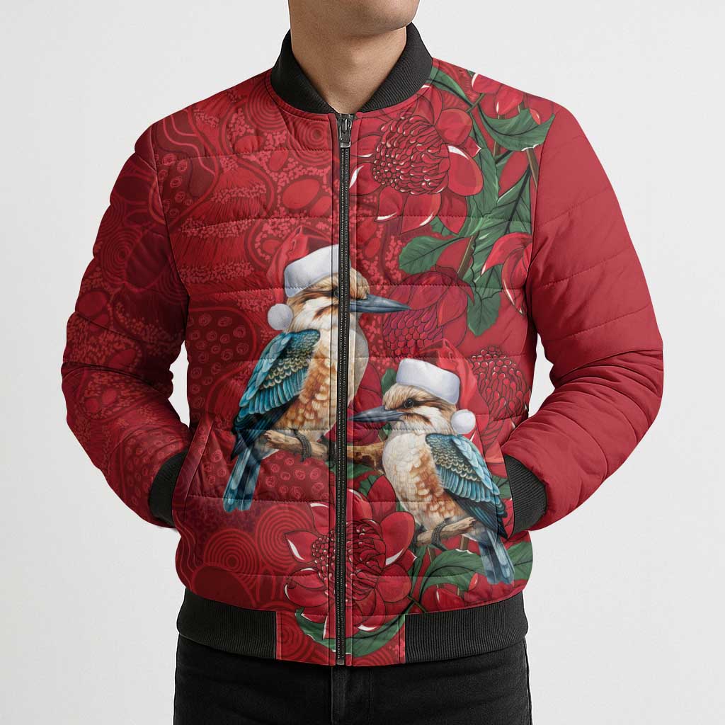 Aussie Kokaburra Waratah Christmas Bomber Puffer Jacket Aboriginal Dots Painting - Aussie Hoodie