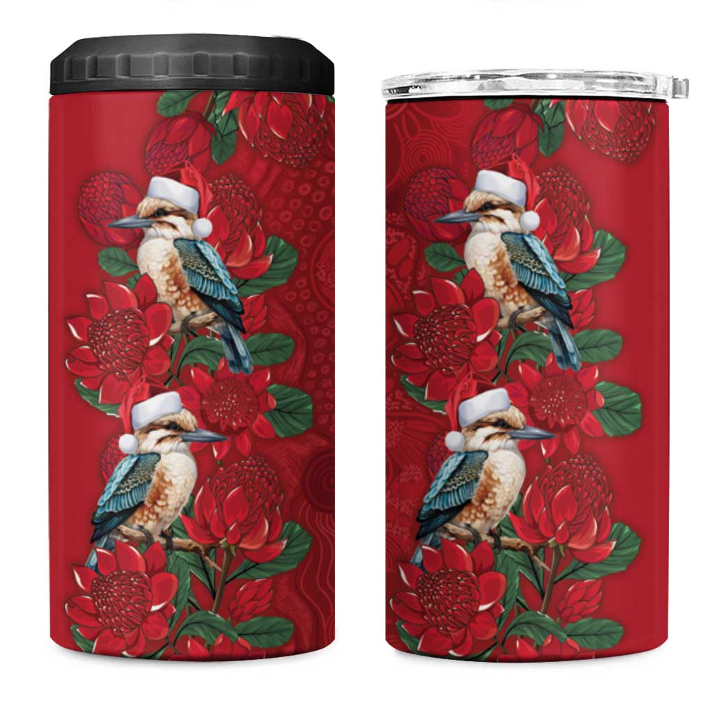 Aussie Kokaburra Waratah Christmas 4 in 1 Can Cooler Tumbler Aboriginal Dots Painting - Aussie Hoodie