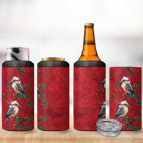 Aussie Kokaburra Waratah Christmas 4 in 1 Can Cooler Tumbler Aboriginal Dots Painting - Aussie Hoodie