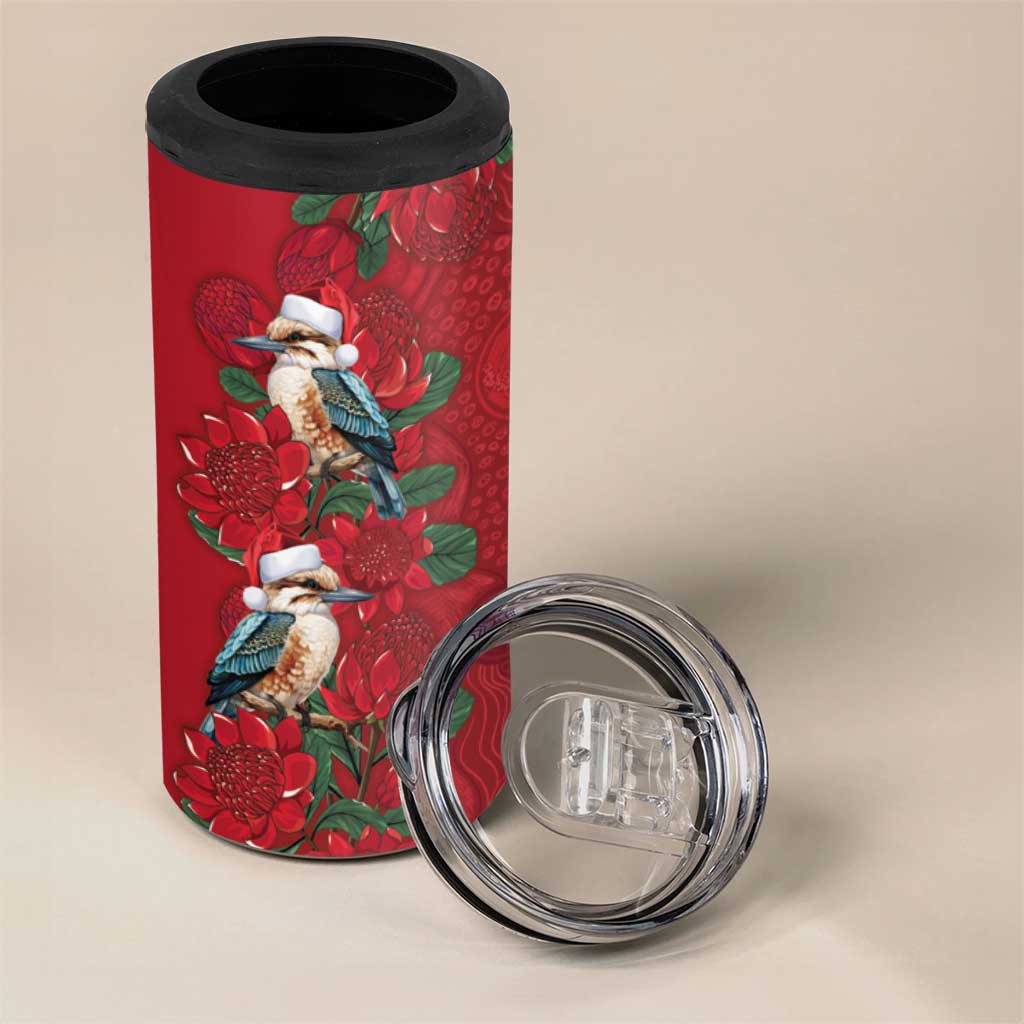 Aussie Kokaburra Waratah Christmas 4 in 1 Can Cooler Tumbler Aboriginal Dots Painting - Aussie Hoodie