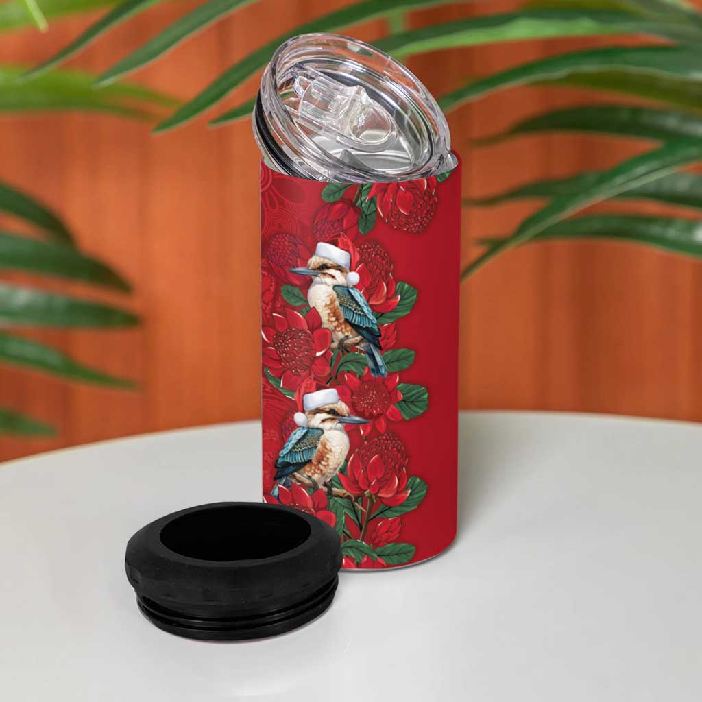 Aussie Kokaburra Waratah Christmas 4 in 1 Can Cooler Tumbler Aboriginal Dots Painting - Aussie Hoodie