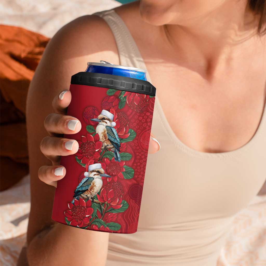 Aussie Kokaburra Waratah Christmas 4 in 1 Can Cooler Tumbler Aboriginal Dots Painting - Aussie Hoodie