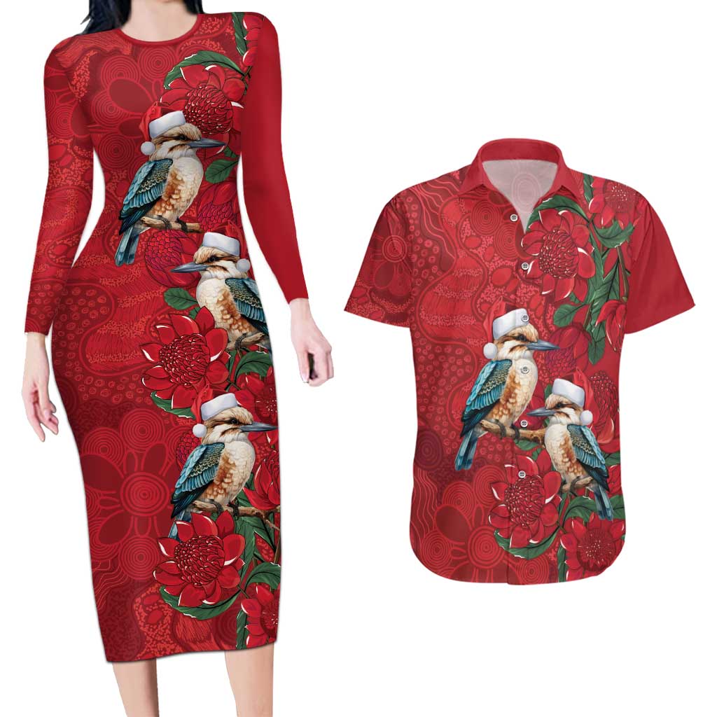 Aussie Kokaburra Waratah Christmas Couples Matching Long Sleeve Bodycon Dress and Hawaiian Shirt Aboriginal Dots Painting - Aussie Hoodie