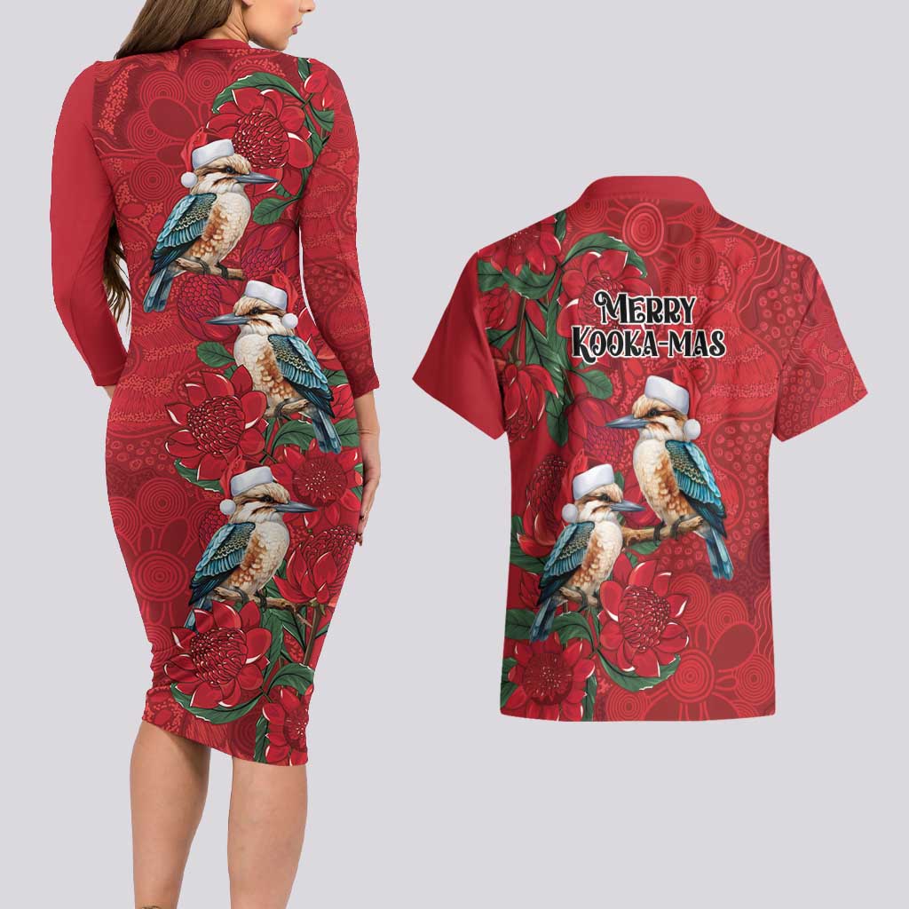 Aussie Kokaburra Waratah Christmas Couples Matching Long Sleeve Bodycon Dress and Hawaiian Shirt Aboriginal Dots Painting - Aussie Hoodie