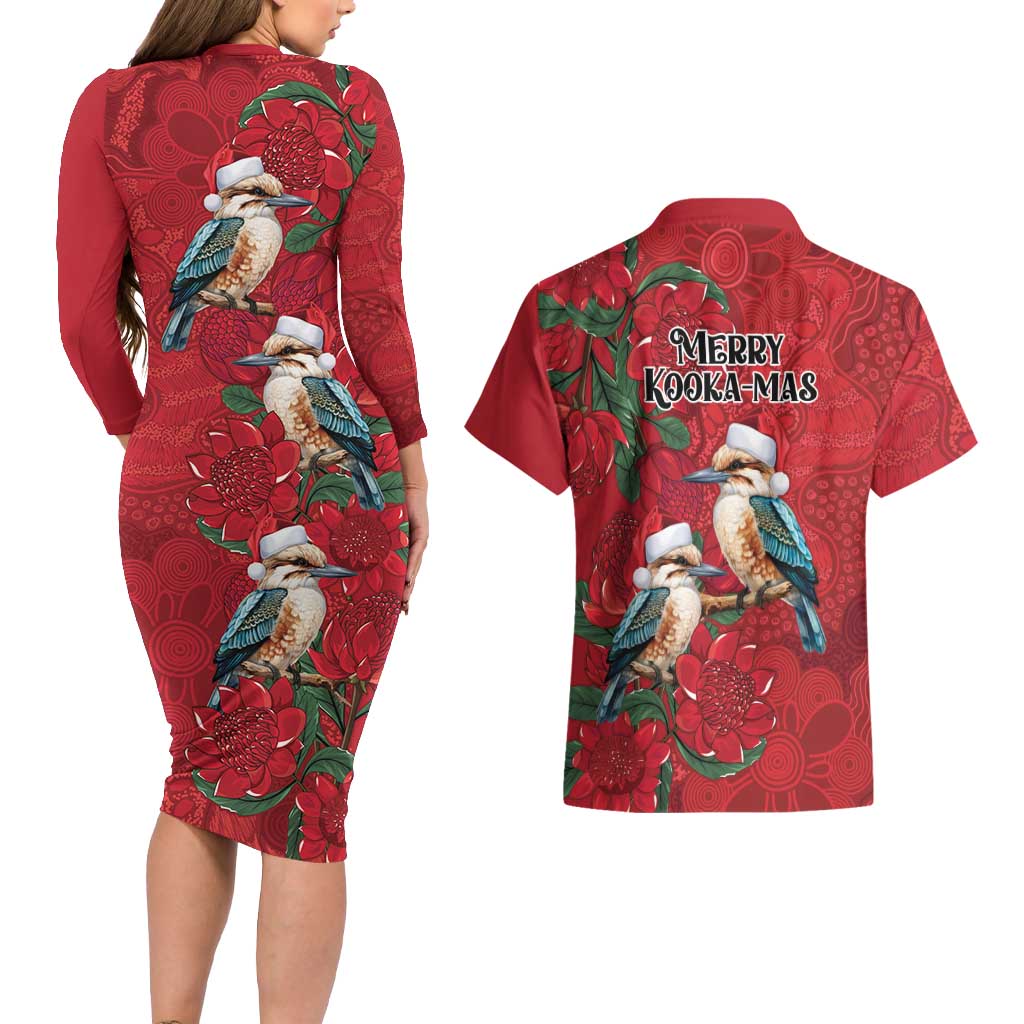Aussie Kokaburra Waratah Christmas Couples Matching Long Sleeve Bodycon Dress and Hawaiian Shirt Aboriginal Dots Painting - Aussie Hoodie