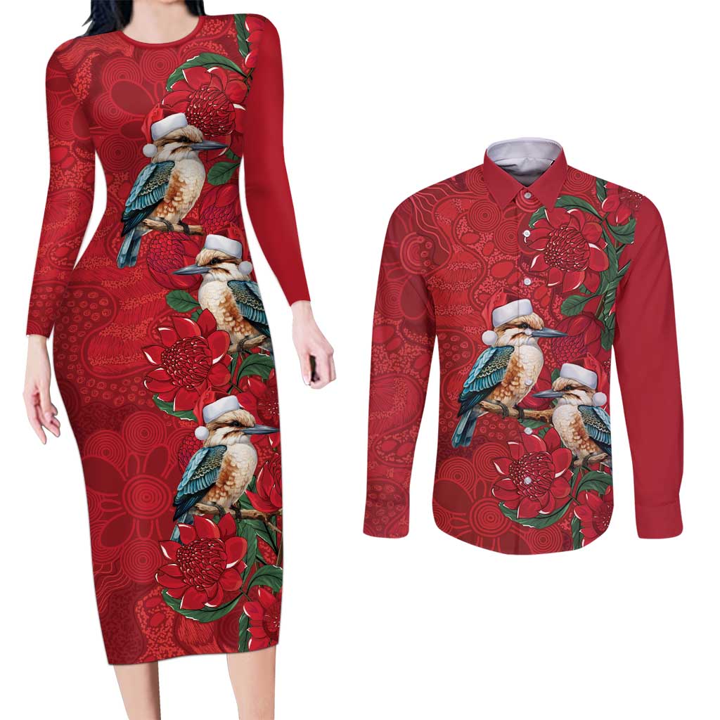 Aussie Kokaburra Waratah Christmas Couples Matching Long Sleeve Bodycon Dress and Long Sleeve Button Shirt Aboriginal Dots Painting - Aussie Hoodie