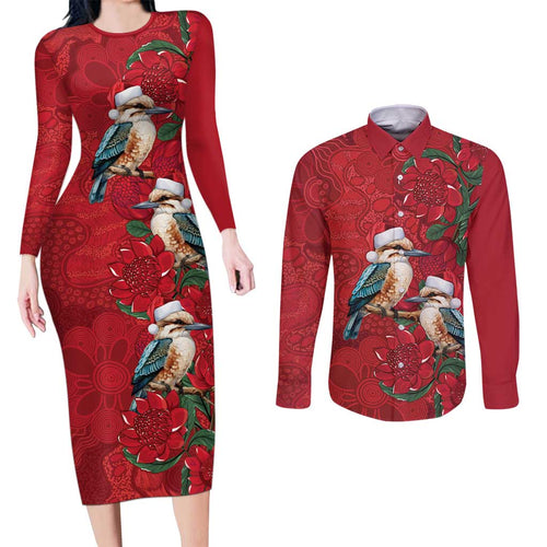 Aussie Kokaburra Waratah Christmas Couples Matching Long Sleeve Bodycon Dress and Long Sleeve Button Shirt Aboriginal Dots Painting - Aussie Hoodie