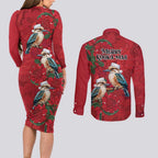 Aussie Kokaburra Waratah Christmas Couples Matching Long Sleeve Bodycon Dress and Long Sleeve Button Shirt Aboriginal Dots Painting - Aussie Hoodie