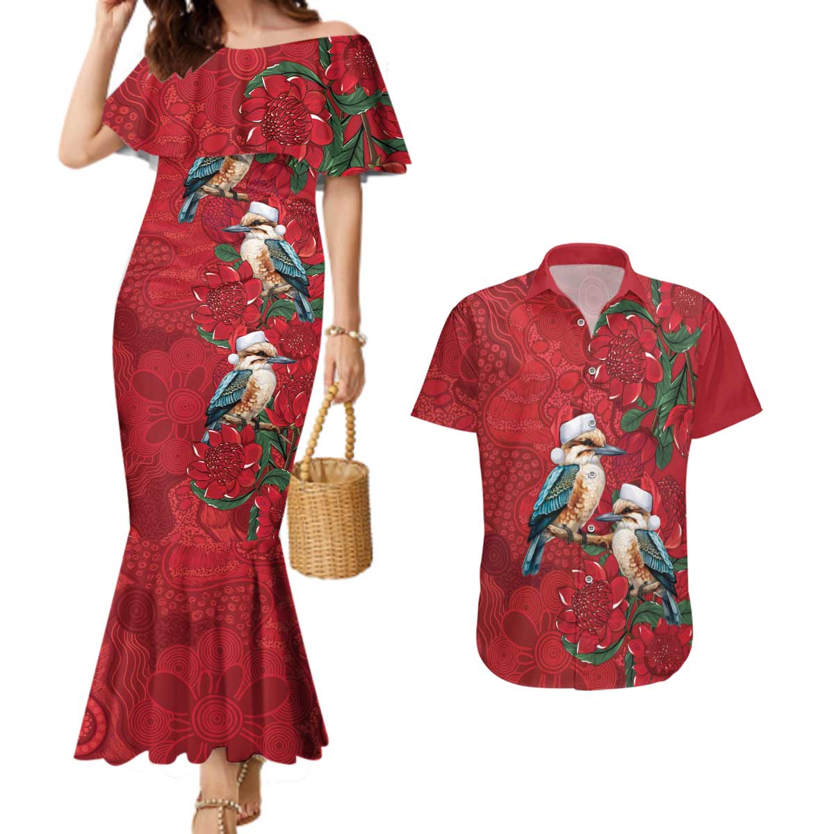 Aussie Kokaburra Waratah Christmas Couples Matching Mermaid Dress and Hawaiian Shirt Aboriginal Dots Painting - Aussie Hoodie