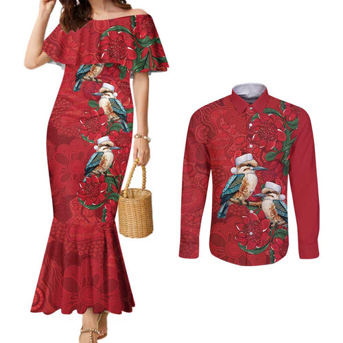 Aussie Kokaburra Waratah Christmas Couples Matching Mermaid Dress and Long Sleeve Button Shirt Aboriginal Dots Painting - Aussie Hoodie