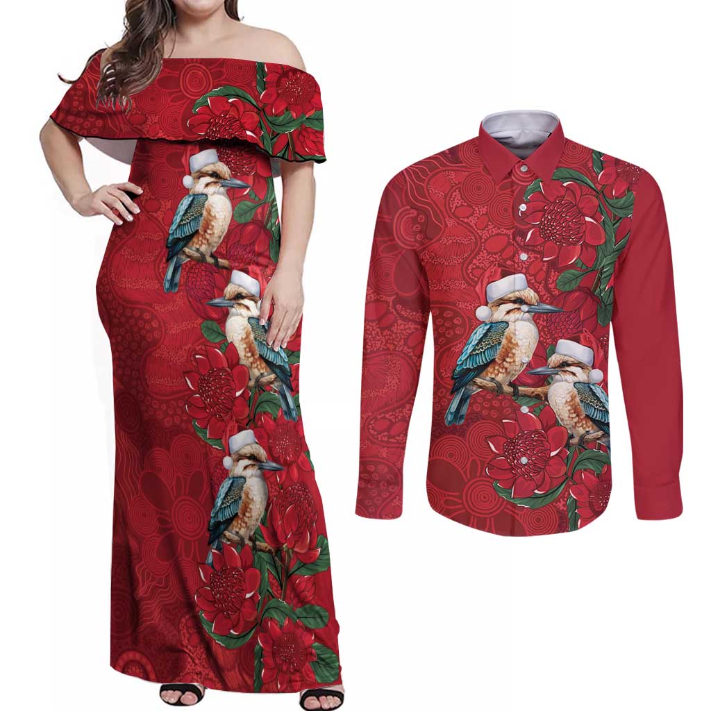 Aussie Kokaburra Waratah Christmas Couples Matching Off Shoulder Maxi Dress and Long Sleeve Button Shirt Aboriginal Dots Painting - Aussie Hoodie