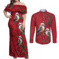 Aussie Kokaburra Waratah Christmas Couples Matching Off Shoulder Maxi Dress and Long Sleeve Button Shirt Aboriginal Dots Painting - Aussie Hoodie