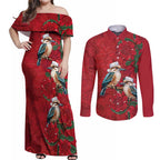 Aussie Kokaburra Waratah Christmas Couples Matching Off Shoulder Maxi Dress and Long Sleeve Button Shirt Aboriginal Dots Painting - Aussie Hoodie