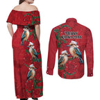 Aussie Kokaburra Waratah Christmas Couples Matching Off Shoulder Maxi Dress and Long Sleeve Button Shirt Aboriginal Dots Painting - Aussie Hoodie