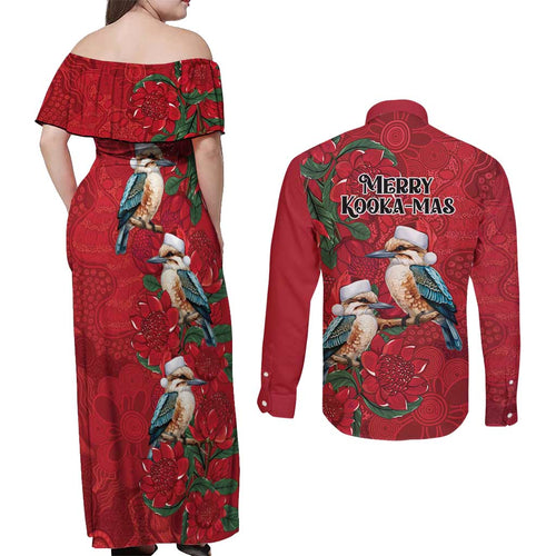 Aussie Kokaburra Waratah Christmas Couples Matching Off Shoulder Maxi Dress and Long Sleeve Button Shirt Aboriginal Dots Painting - Aussie Hoodie