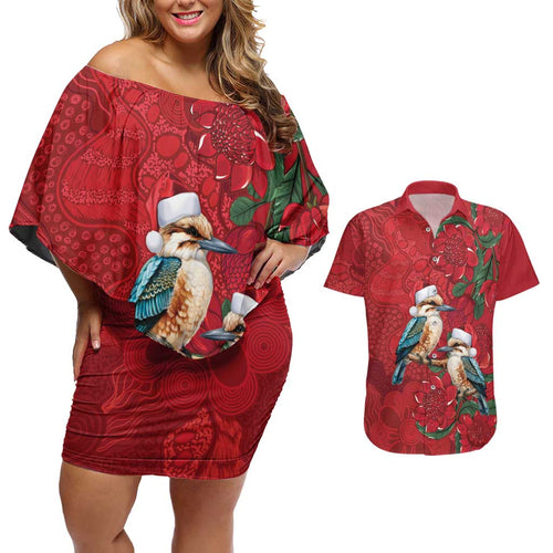 Aussie Kokaburra Waratah Christmas Couples Matching Off Shoulder Short Dress and Hawaiian Shirt Aboriginal Dots Painting - Aussie Hoodie