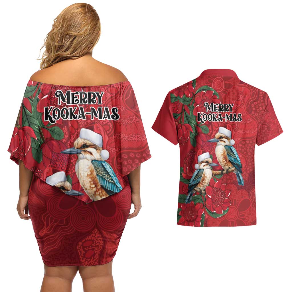 Aussie Kokaburra Waratah Christmas Couples Matching Off Shoulder Short Dress and Hawaiian Shirt Aboriginal Dots Painting - Aussie Hoodie