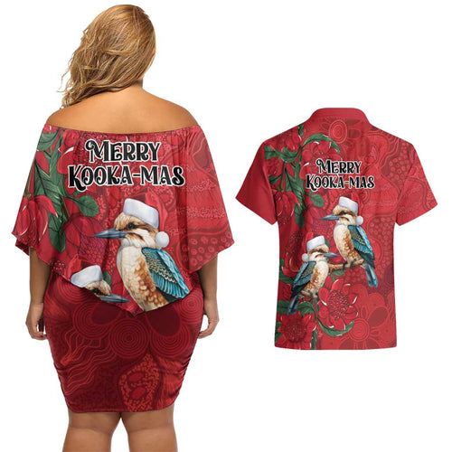 Aussie Kokaburra Waratah Christmas Couples Matching Off Shoulder Short Dress and Hawaiian Shirt Aboriginal Dots Painting - Aussie Hoodie