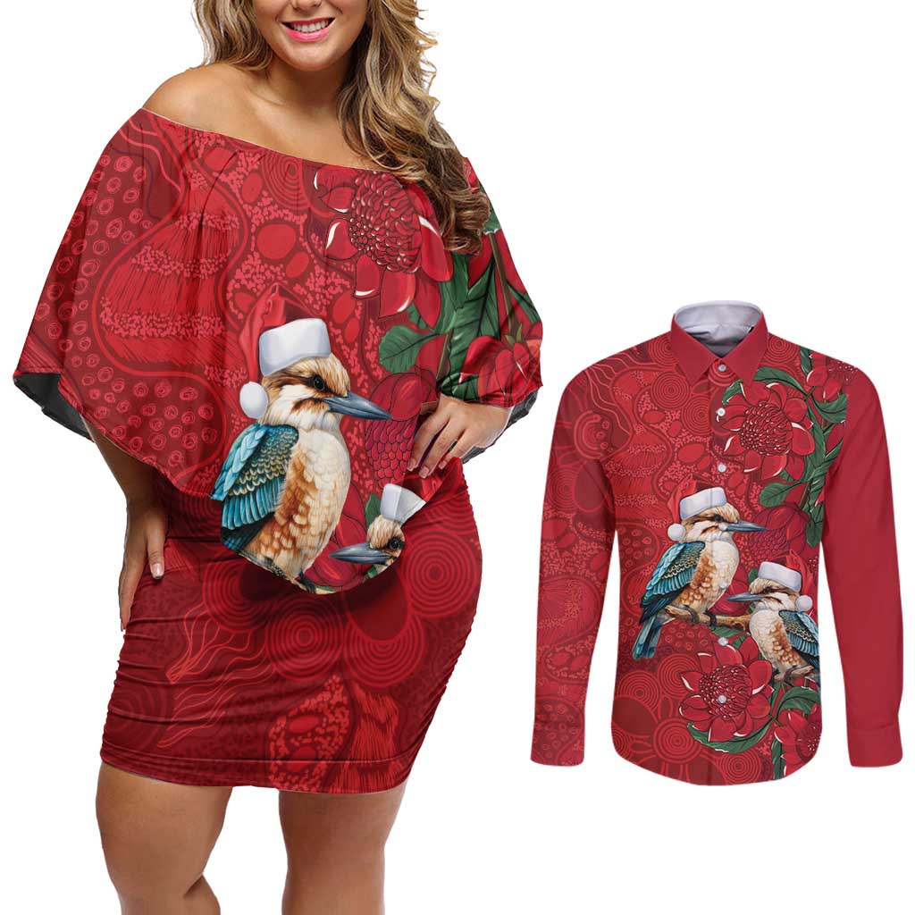 Aussie Kokaburra Waratah Christmas Couples Matching Off Shoulder Short Dress and Long Sleeve Button Shirt Aboriginal Dots Painting - Aussie Hoodie