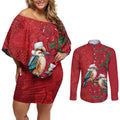 Aussie Kokaburra Waratah Christmas Couples Matching Off Shoulder Short Dress and Long Sleeve Button Shirt Aboriginal Dots Painting - Aussie Hoodie