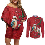 Aussie Kokaburra Waratah Christmas Couples Matching Off Shoulder Short Dress and Long Sleeve Button Shirt Aboriginal Dots Painting - Aussie Hoodie
