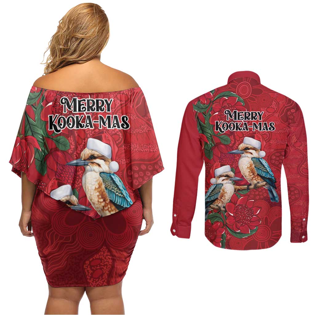 Aussie Kokaburra Waratah Christmas Couples Matching Off Shoulder Short Dress and Long Sleeve Button Shirt Aboriginal Dots Painting - Aussie Hoodie