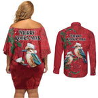 Aussie Kokaburra Waratah Christmas Couples Matching Off Shoulder Short Dress and Long Sleeve Button Shirt Aboriginal Dots Painting - Aussie Hoodie
