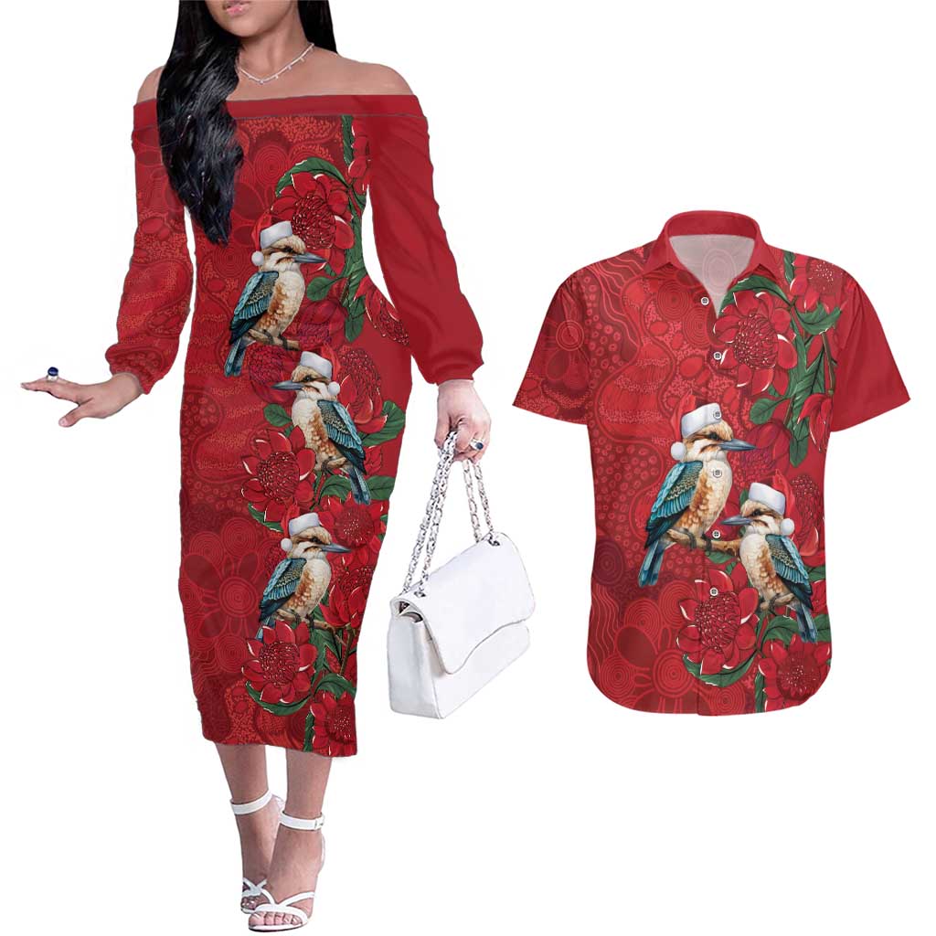 Aussie Kokaburra Waratah Christmas Couples Matching Off The Shoulder Long Sleeve Dress and Hawaiian Shirt Aboriginal Dots Painting - Aussie Hoodie