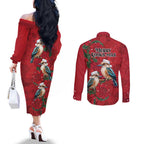 Aussie Kokaburra Waratah Christmas Couples Matching Off The Shoulder Long Sleeve Dress and Long Sleeve Button Shirt Aboriginal Dots Painting - Aussie Hoodie