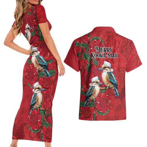 Aussie Kokaburra Waratah Christmas Couples Matching Short Sleeve Bodycon Dress and Hawaiian Shirt Aboriginal Dots Painting - Aussie Hoodie