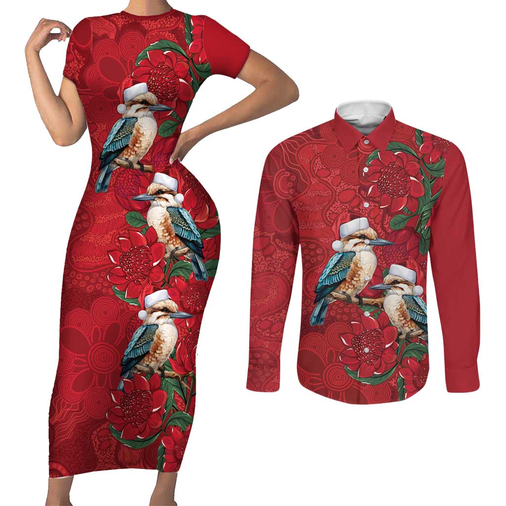 Aussie Kokaburra Waratah Christmas Couples Matching Short Sleeve Bodycon Dress and Long Sleeve Button Shirt Aboriginal Dots Painting - Aussie Hoodie