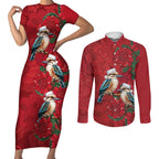 Aussie Kokaburra Waratah Christmas Couples Matching Short Sleeve Bodycon Dress and Long Sleeve Button Shirt Aboriginal Dots Painting - Aussie Hoodie