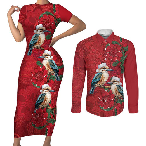 Aussie Kokaburra Waratah Christmas Couples Matching Short Sleeve Bodycon Dress and Long Sleeve Button Shirt Aboriginal Dots Painting - Aussie Hoodie
