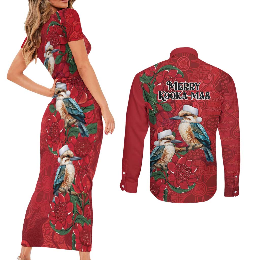 Aussie Kokaburra Waratah Christmas Couples Matching Short Sleeve Bodycon Dress and Long Sleeve Button Shirt Aboriginal Dots Painting - Aussie Hoodie
