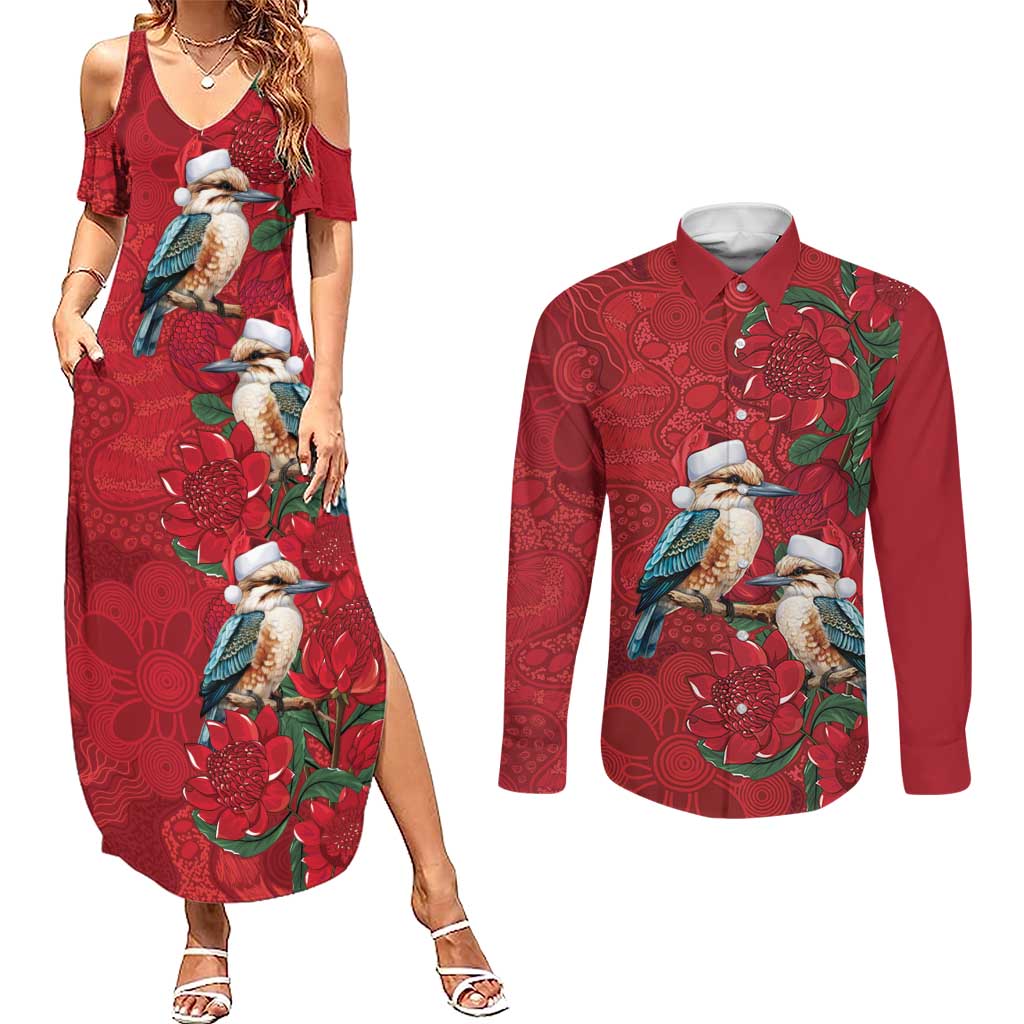Aussie Kokaburra Waratah Christmas Couples Matching Summer Maxi Dress and Long Sleeve Button Shirt Aboriginal Dots Painting - Aussie Hoodie