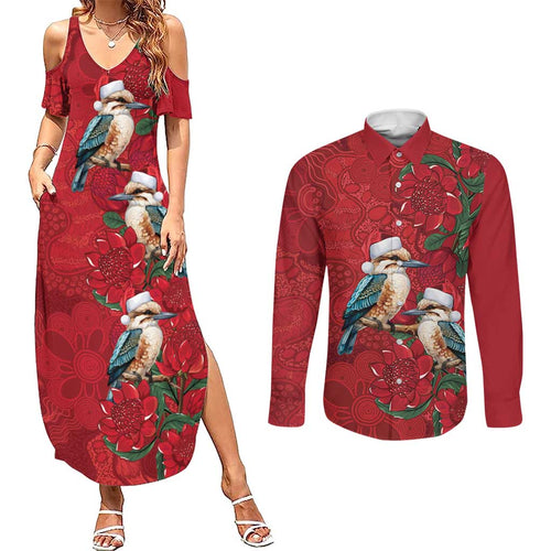 Aussie Kokaburra Waratah Christmas Couples Matching Summer Maxi Dress and Long Sleeve Button Shirt Aboriginal Dots Painting - Aussie Hoodie