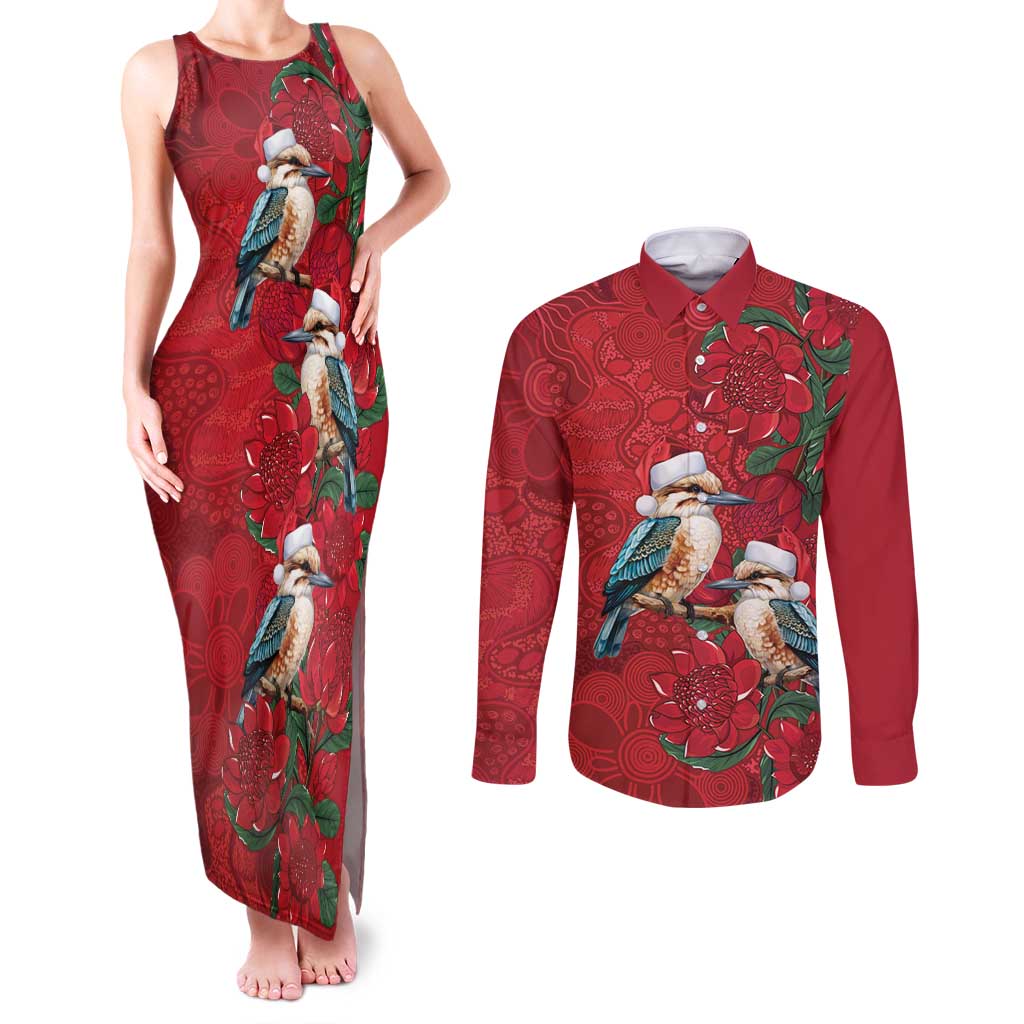 Aussie Kokaburra Waratah Christmas Couples Matching Tank Maxi Dress and Long Sleeve Button Shirt Aboriginal Dots Painting - Aussie Hoodie