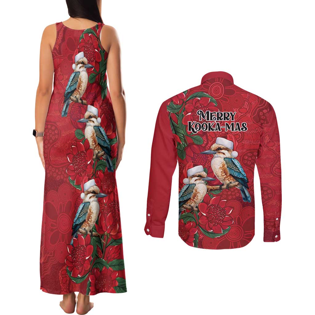 Aussie Kokaburra Waratah Christmas Couples Matching Tank Maxi Dress and Long Sleeve Button Shirt Aboriginal Dots Painting - Aussie Hoodie