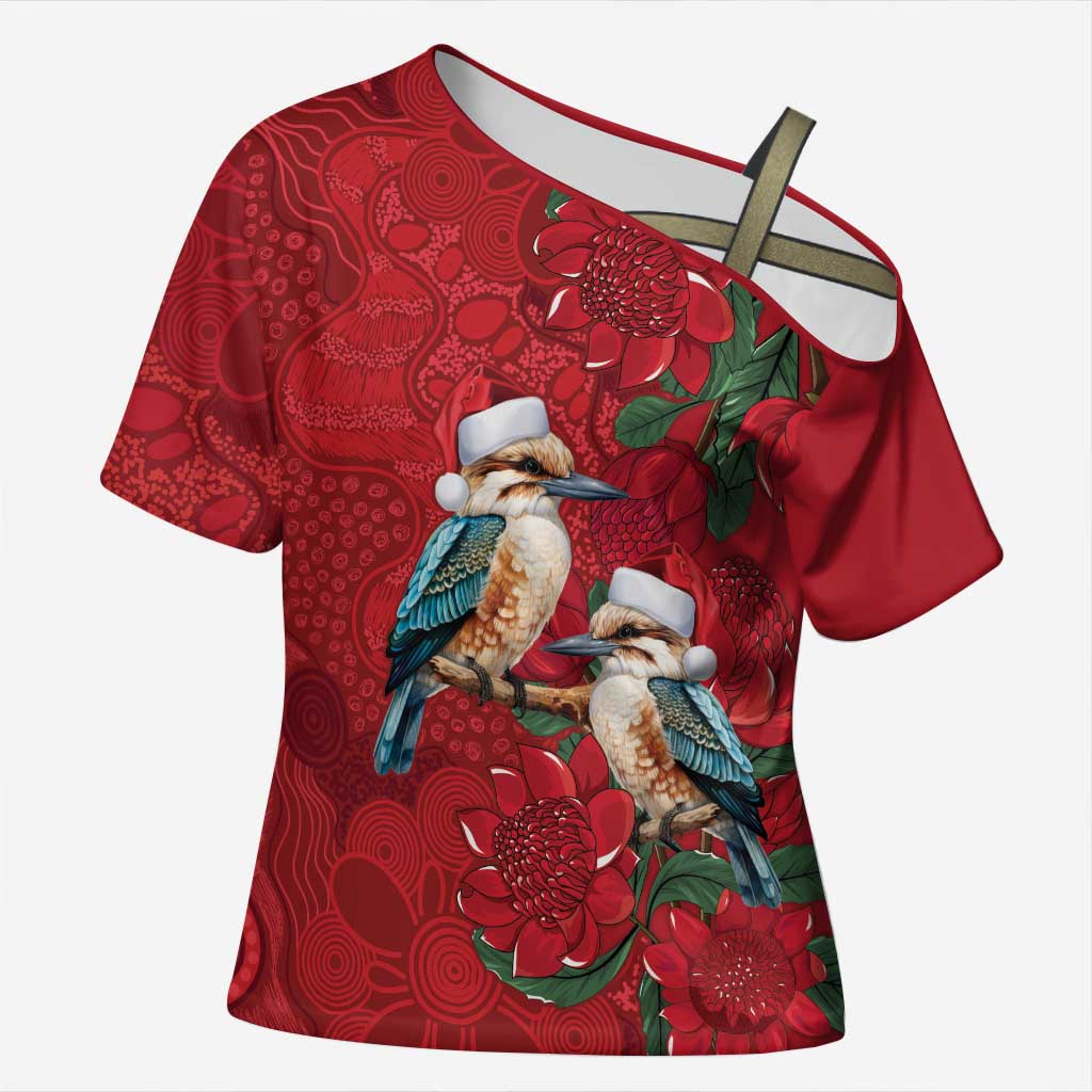 Aussie Kokaburra Waratah Christmas Cross Shoulder Shirt Aboriginal Dots Painting - Aussie Hoodie