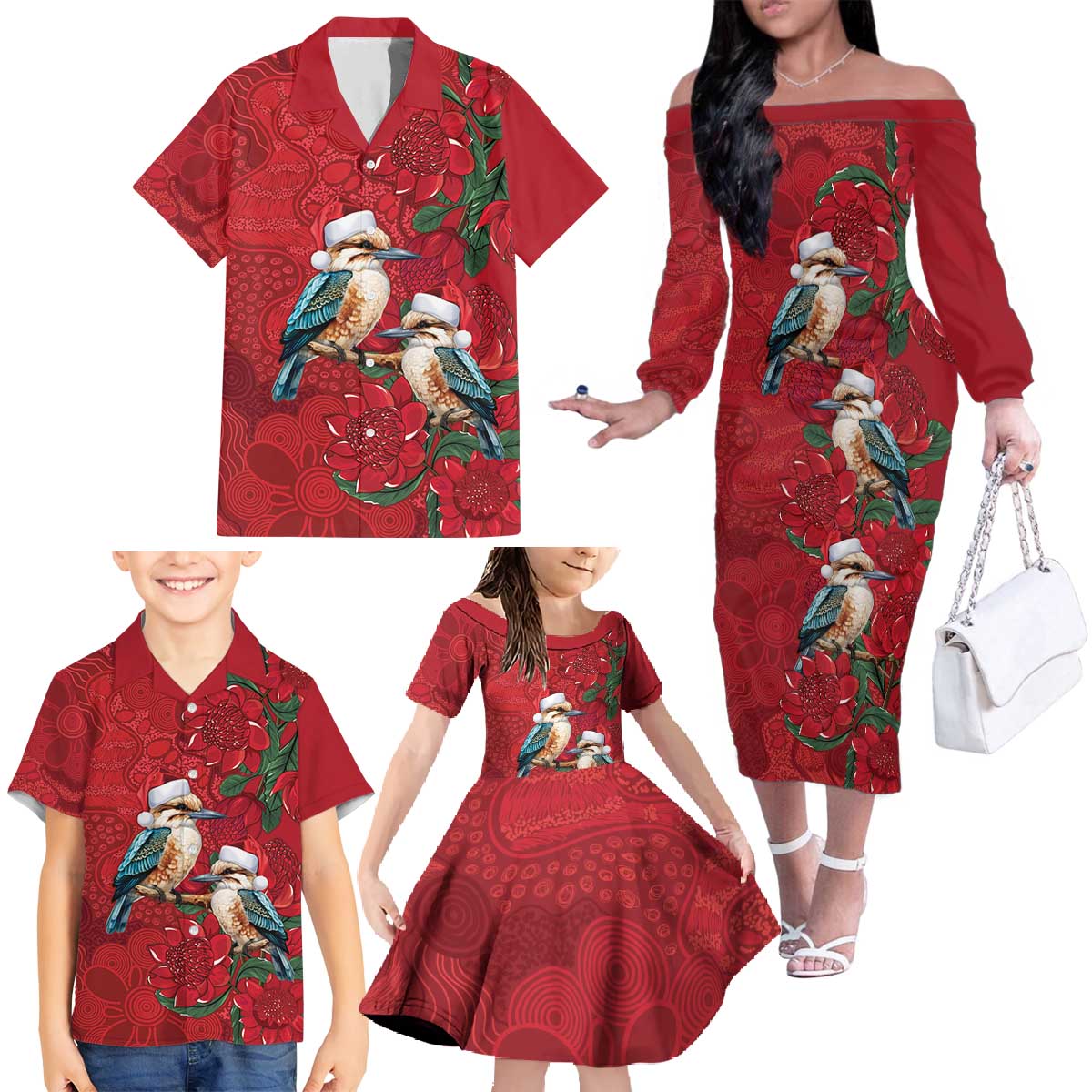 Aussie Kokaburra Waratah Christmas Family Matching Off The Shoulder Long Sleeve Dress and Hawaiian Shirt Aboriginal Dots Painting - Aussie Hoodie