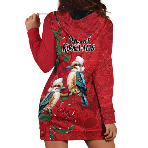 Aussie Kokaburra Waratah Christmas Hoodie Dress Aboriginal Dots Painting - Aussie Hoodie