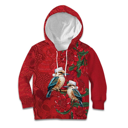 Aussie Kokaburra Waratah Christmas Kid Hoodie Aboriginal Dots Painting - Aussie Hoodie