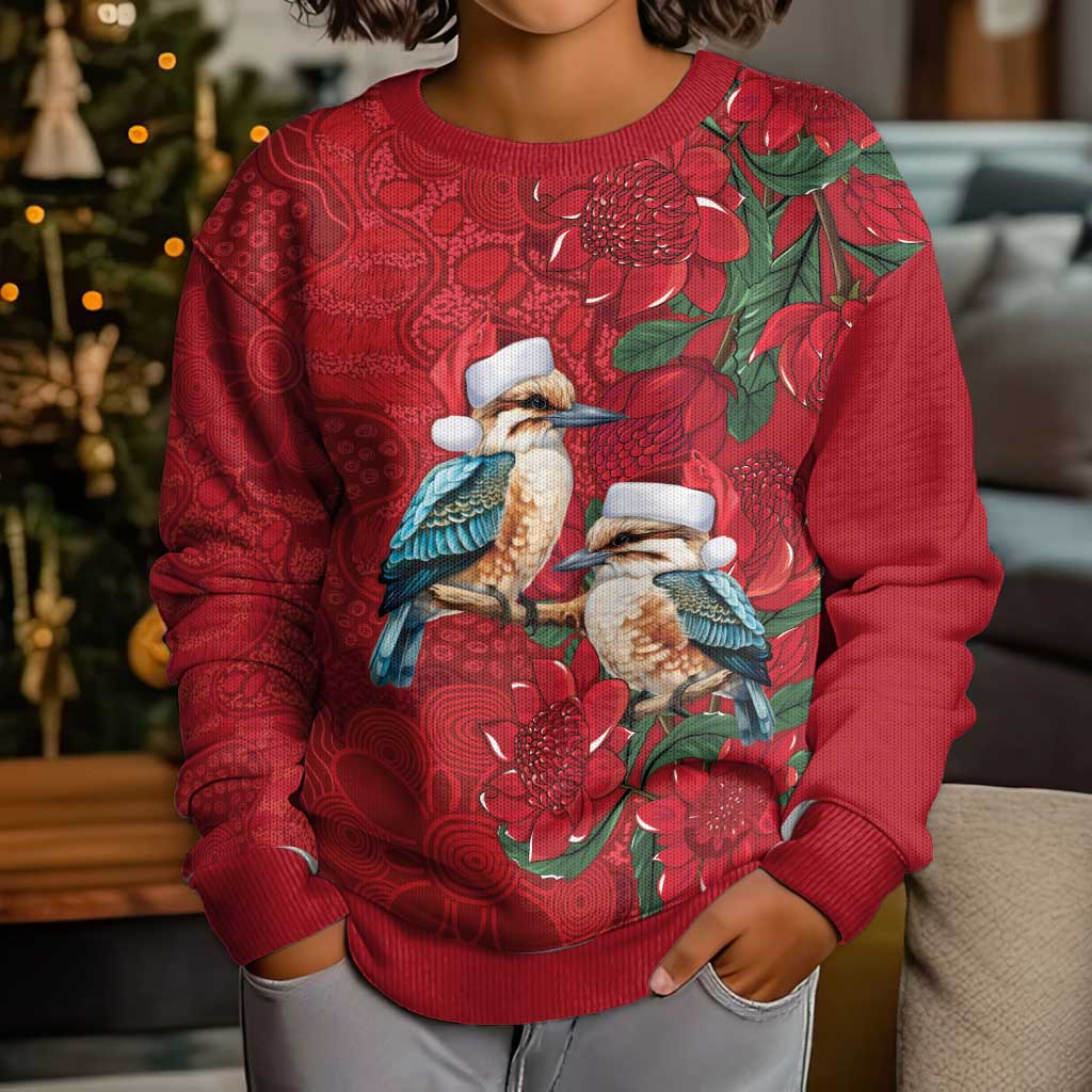 Aussie Kokaburra Waratah Christmas Kid Ugly Christmas Sweater Aboriginal Dots Painting - Aussie Hoodie
