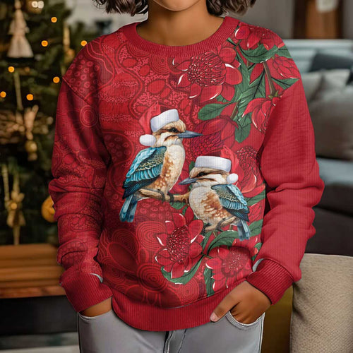 Aussie Kokaburra Waratah Christmas Kid Ugly Christmas Sweater Aboriginal Dots Painting - Aussie Hoodie