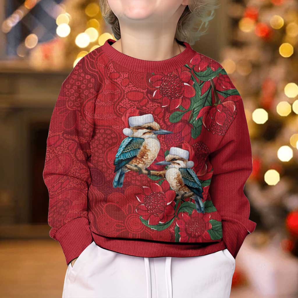 Aussie Kokaburra Waratah Christmas Kid Ugly Christmas Sweater Aboriginal Dots Painting - Aussie Hoodie